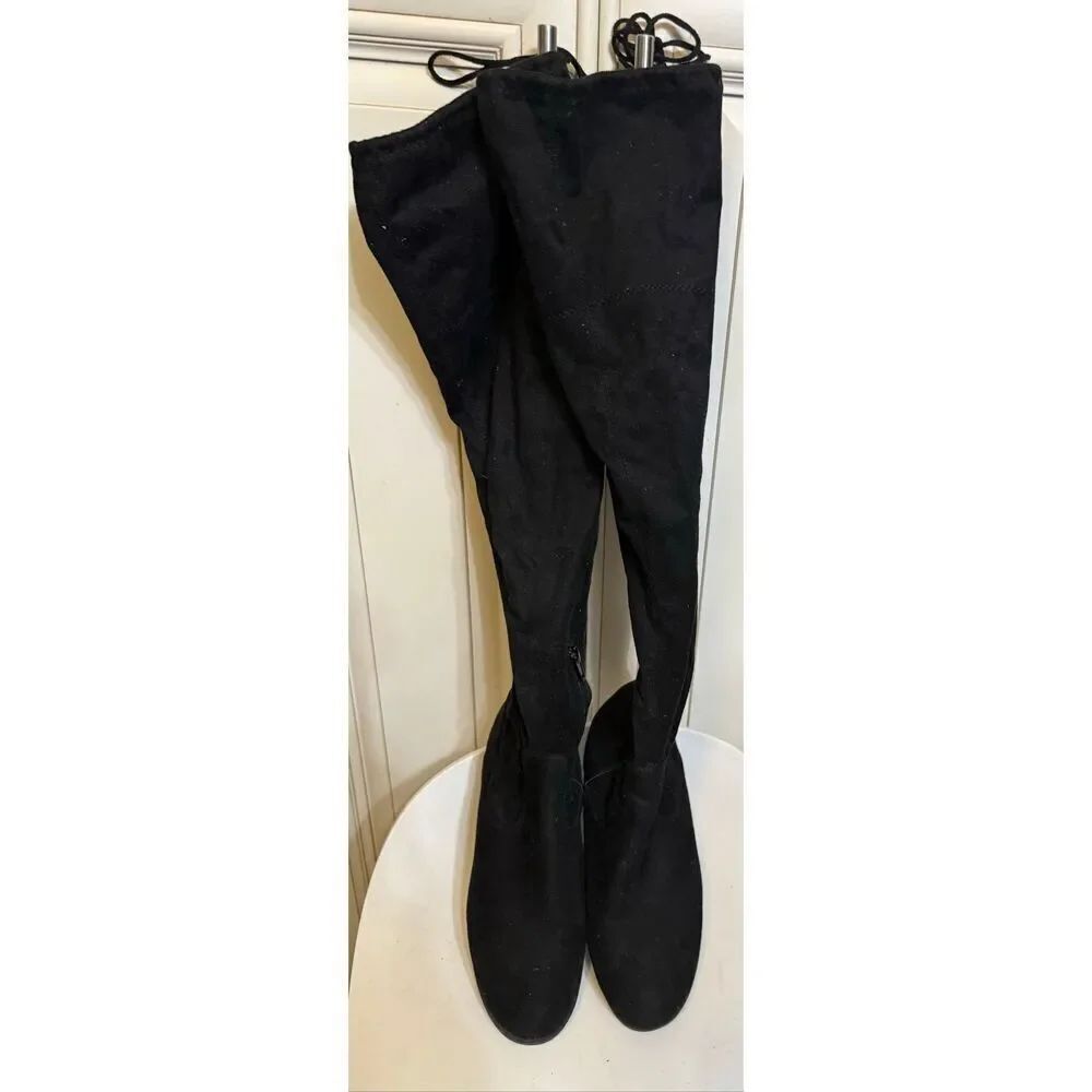 Unisa Women's Faux Suede Tie Back Flat Heel Over the Knee Boots Black Size 7.5